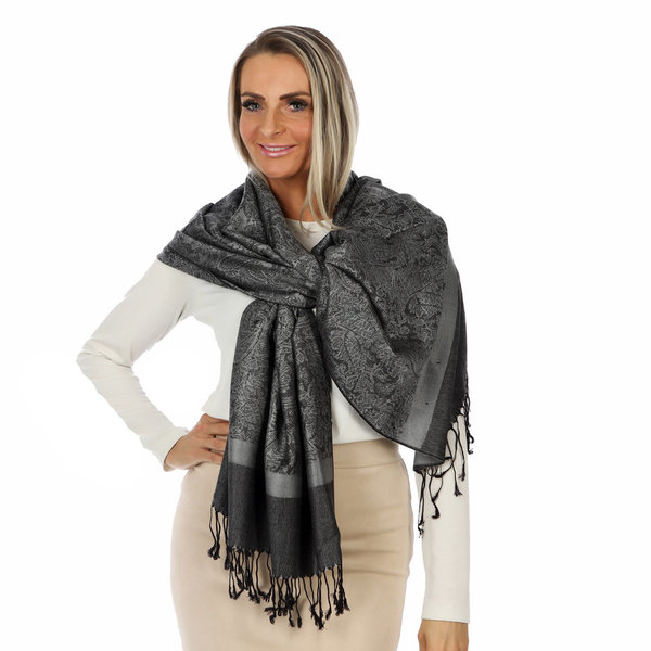 Grey Stone. Donker grijze sjaal van Cashmere en Zijde met Paisley Patroon. 200*70 cm