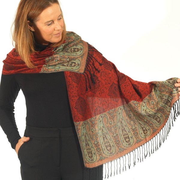 "Winter Fire" Pashmina Cashmere Rode Sjaal. Prachtige Groene Multi Color Paisley. Casual of Chique