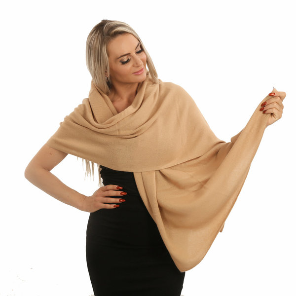 Luna Modi® Scarf Camel, Comfortabele Sjaal Cashmere Mix welke ook als Omslagdoek te dragen is.