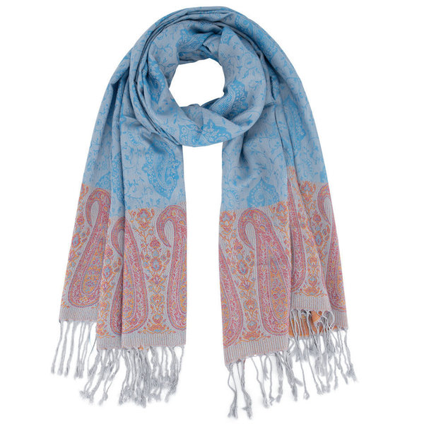 Flowers Of Spring.  Zee Blauwe Design Sjaal met Zacht Rode Paisley Patronen. 200*70 cm