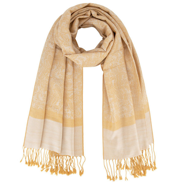 Golden Sand, prachtige zachtgele Sjaal met goudkleurige print en off white patronen. Cashmere
